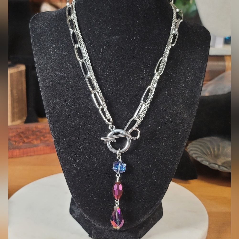 Silver Multi-Chain Key Necklace Set with Purple and Oil Spill Crystal Pendant